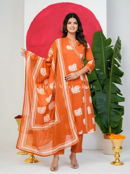 Orange Elephant Angrakha Cotton Dupatta Set
