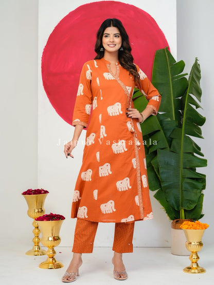 Orange Elephant Angrakha Cotton Dupatta Set