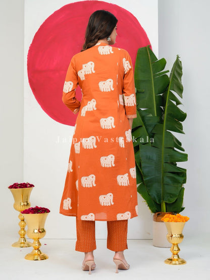 Orange Elephant Angrakha Cotton Dupatta Set