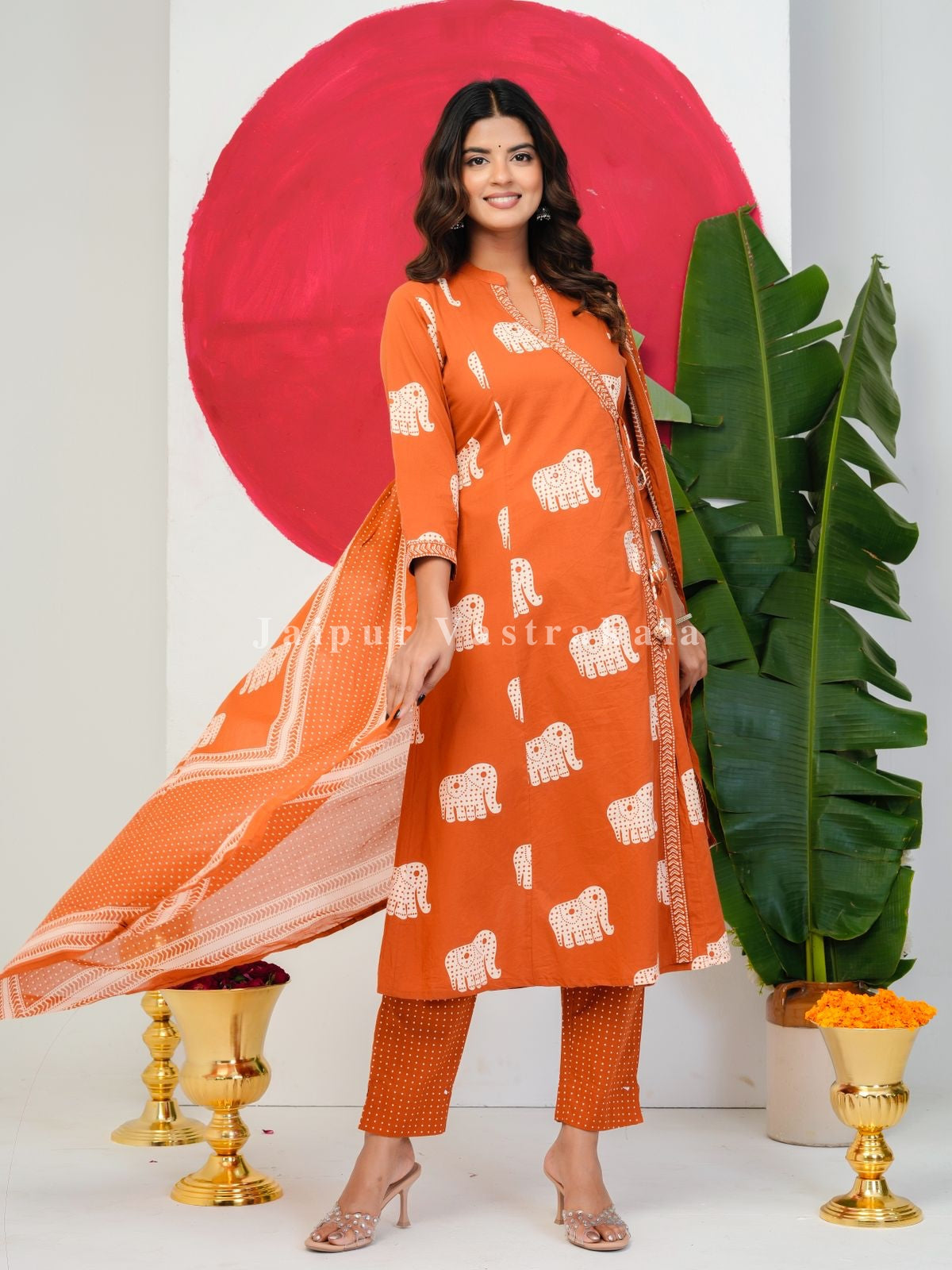 Orange Elephant Angrakha Cotton Dupatta Set