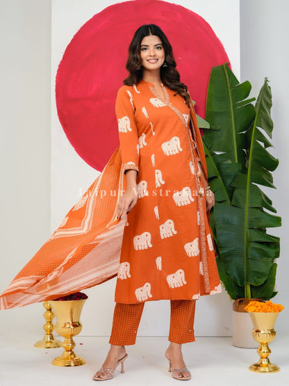 Orange Elephant Angrakha Cotton Dupatta Set