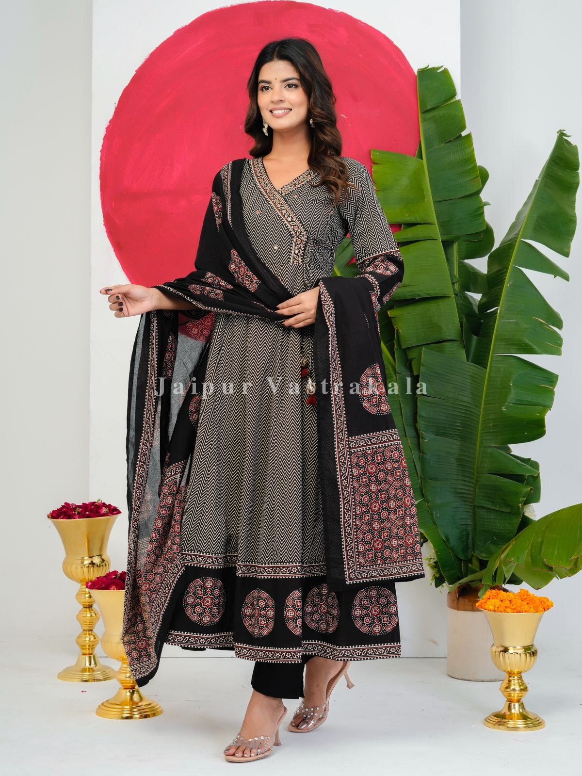 Black Ajrakh Angrakha Anarkali Suit
