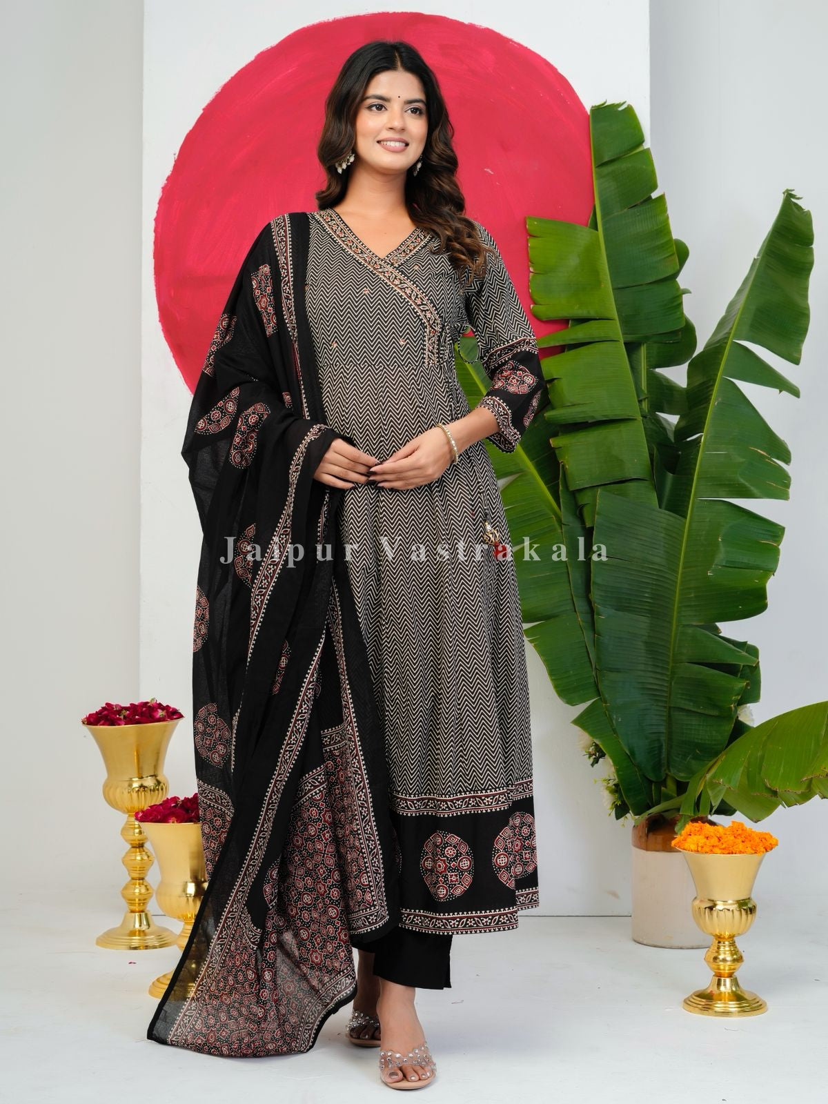 Black Ajrakh Angrakha Anarkali Suit