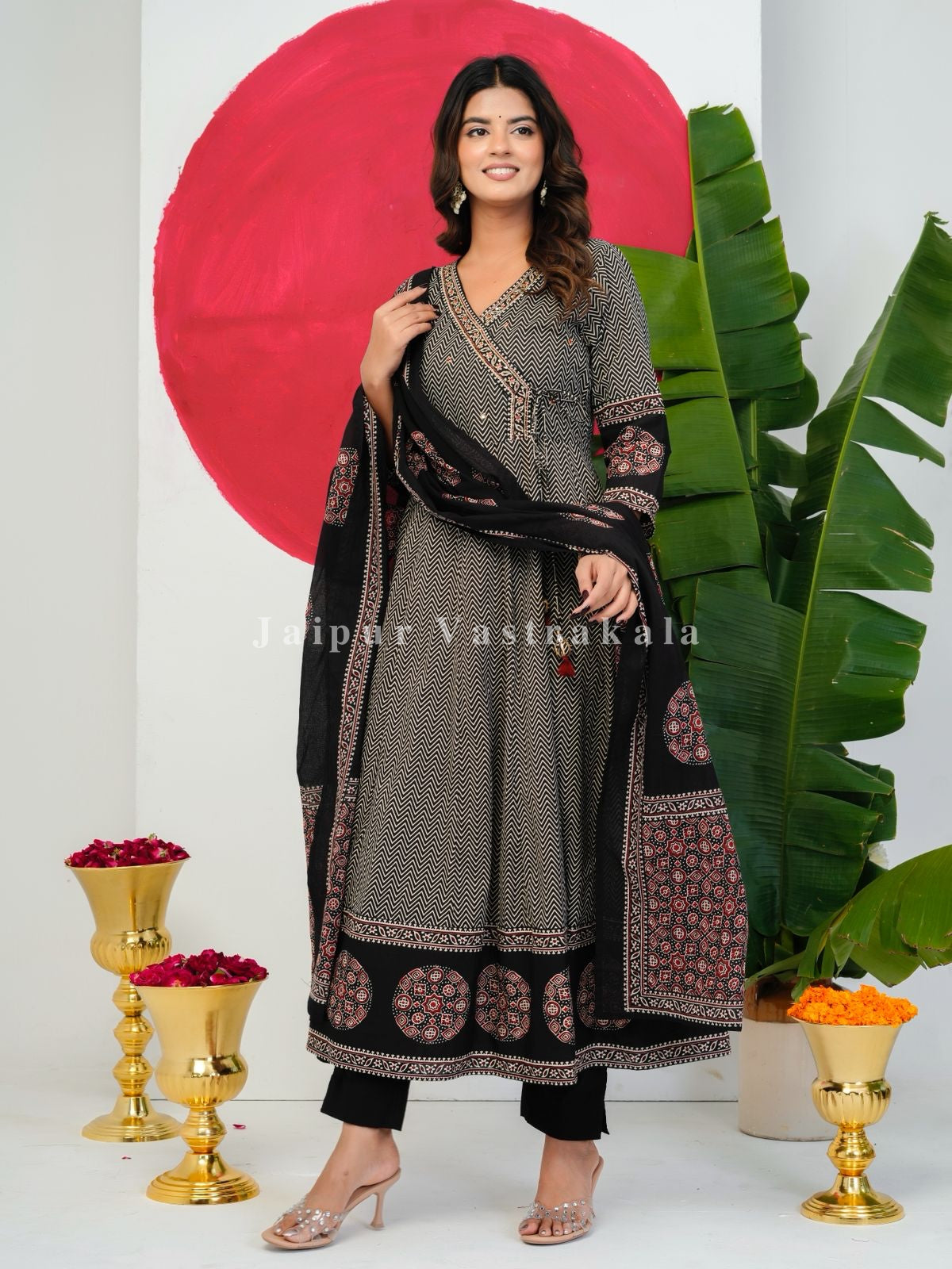 Black Ajrakh Angrakha Anarkali Suit