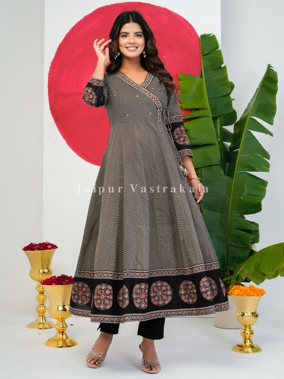 Black Ajrakh Angrakha Anarkali Suit