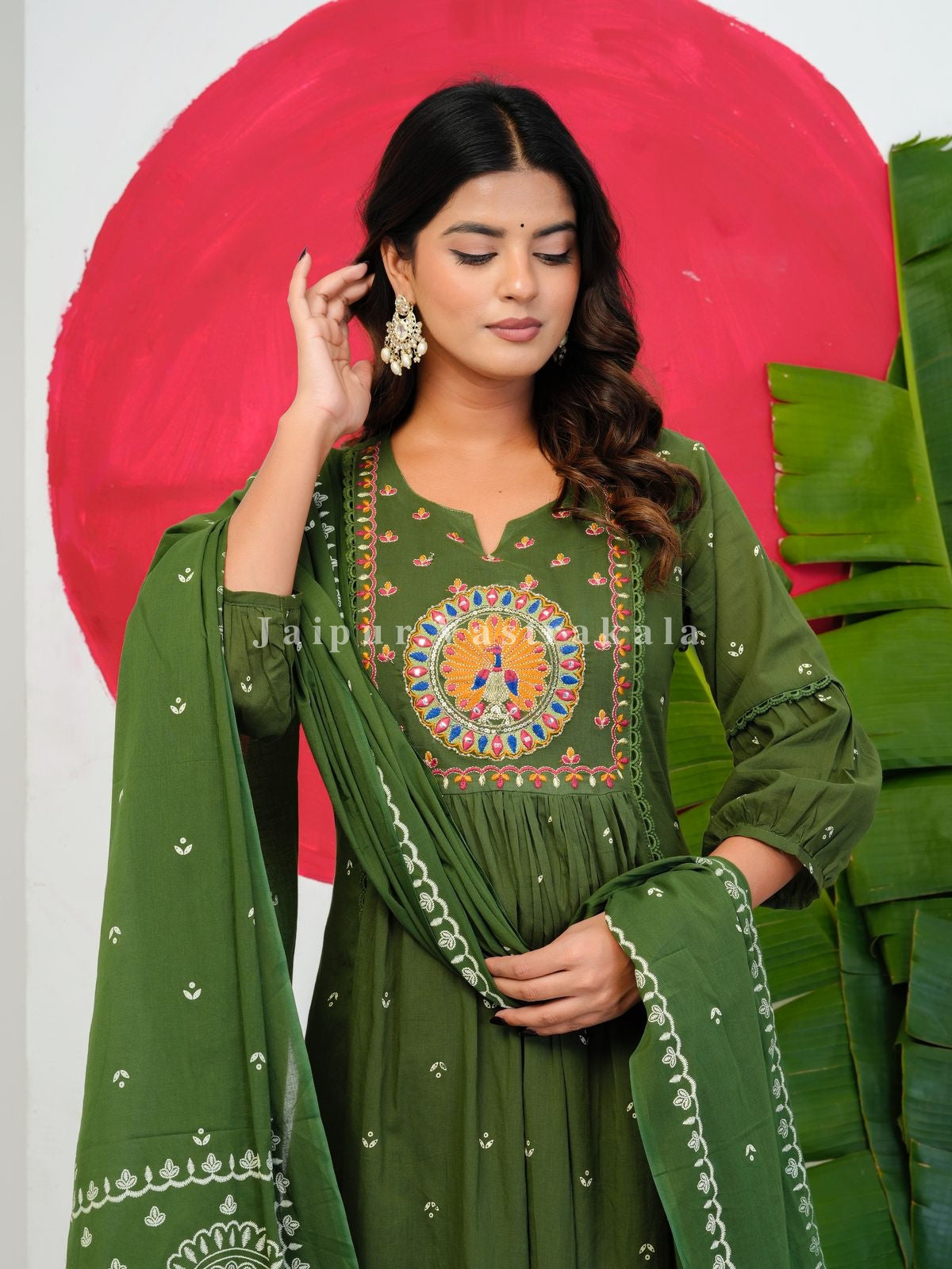 Green Peacock Shimmer Embroidery Anarkali Suit