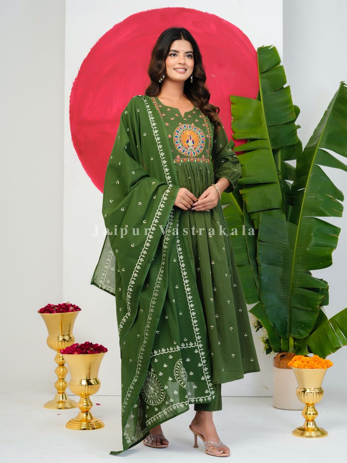 Green Peacock Shimmer Embroidery Anarkali Suit