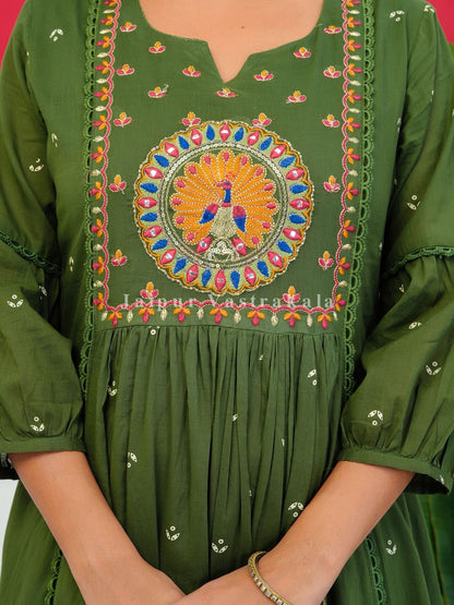 Green Peacock Shimmer Embroidery Anarkali Suit