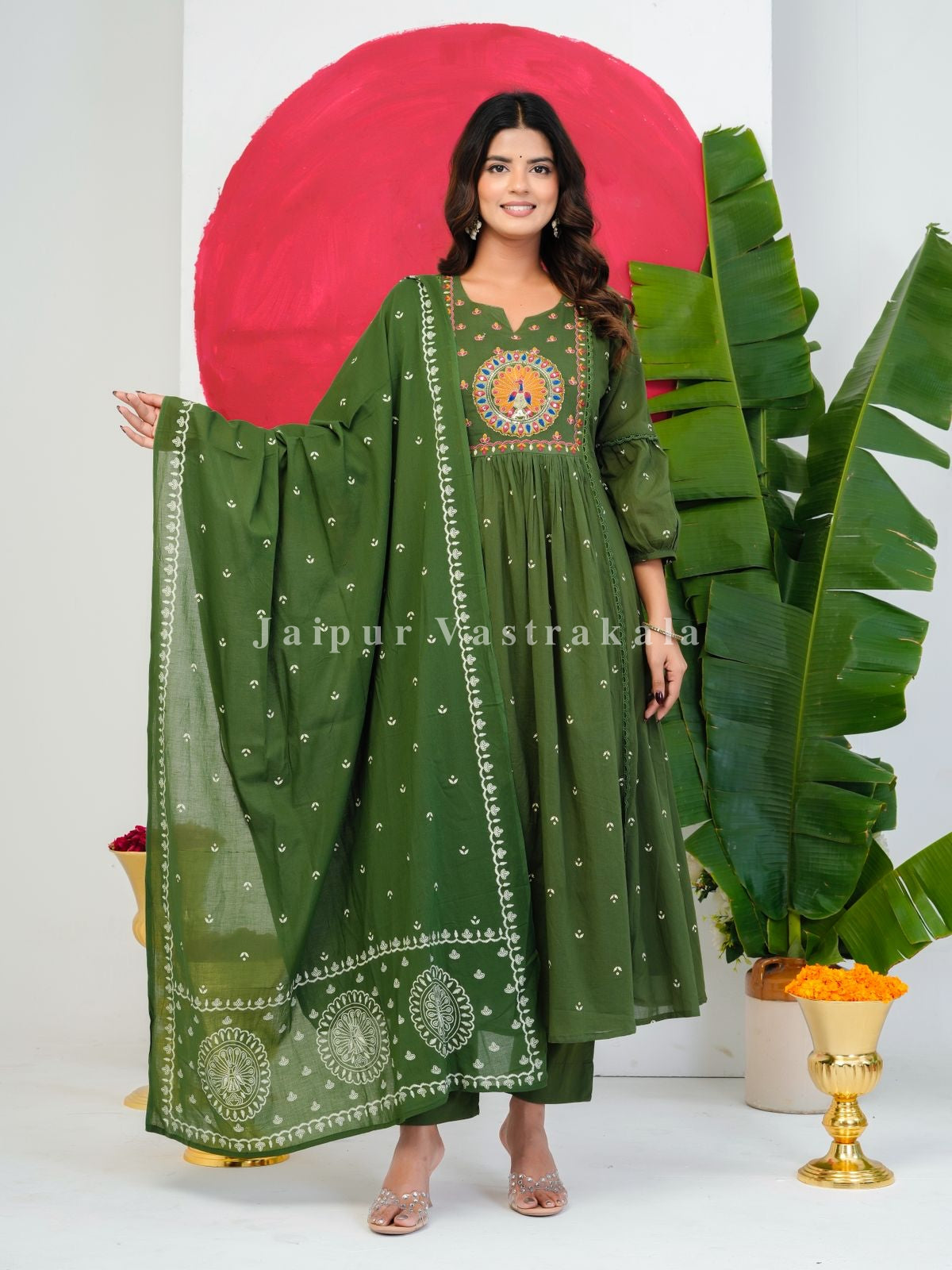 Green Peacock Shimmer Embroidery Anarkali Suit