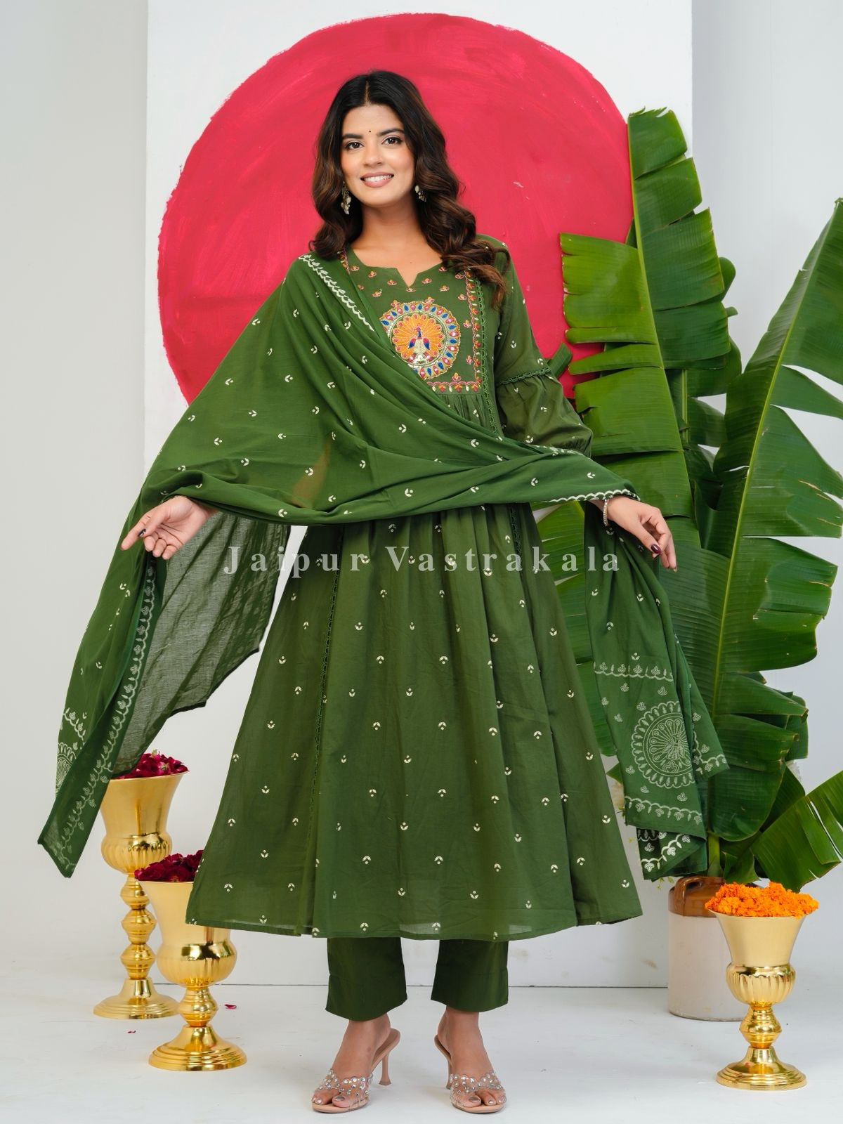 Green Peacock Shimmer Embroidery Anarkali Suit