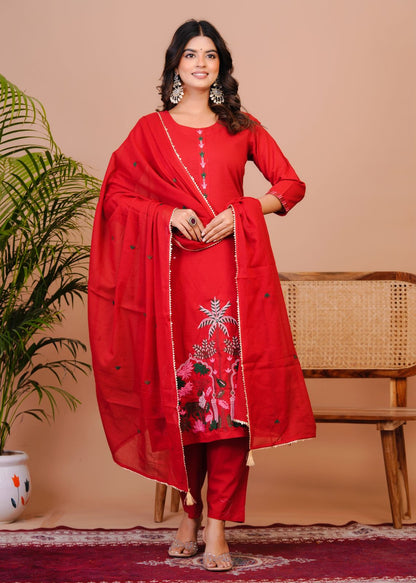 Red Nature Embroidery Kota Dupatta Suit