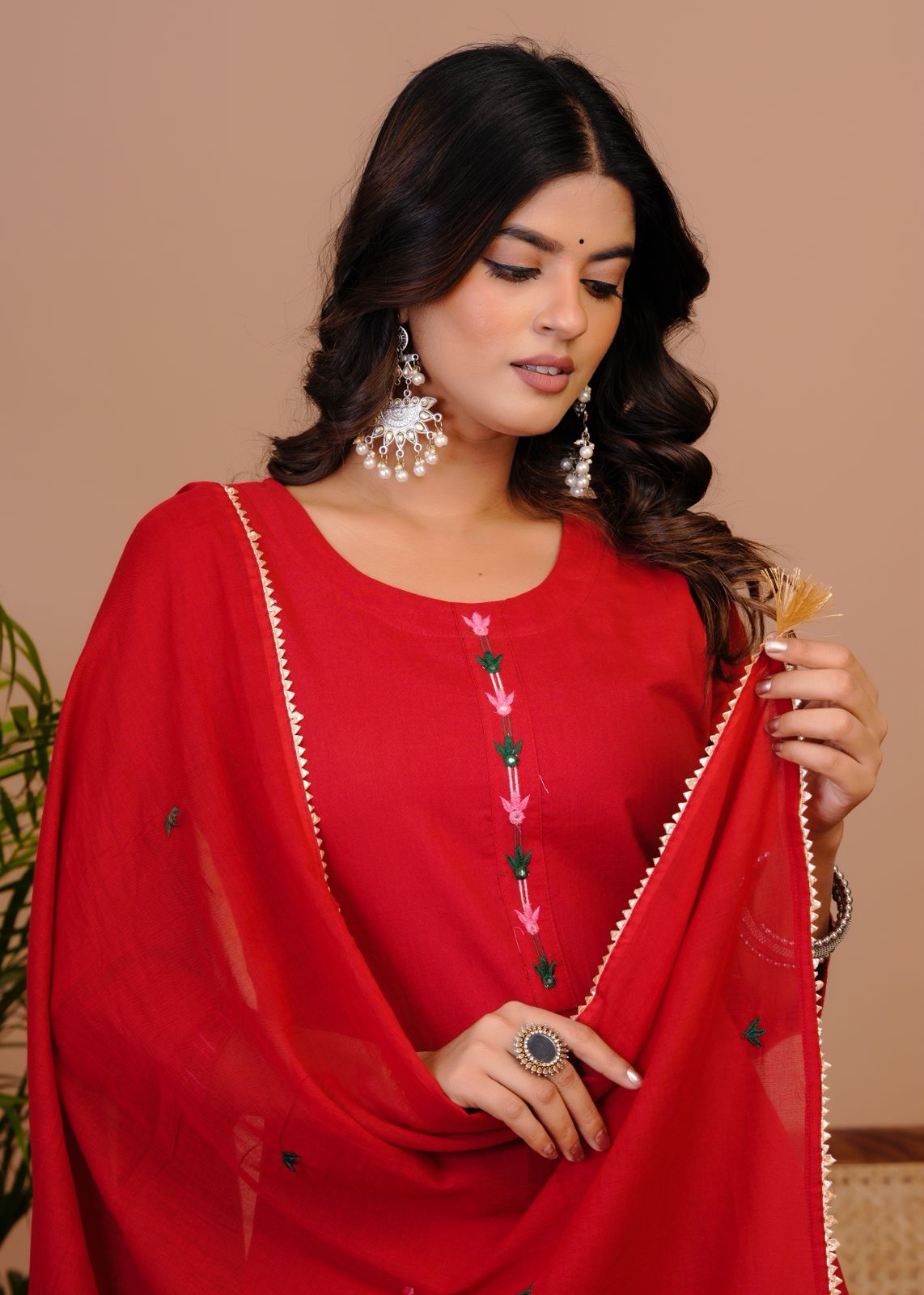 Red Nature Embroidery Kota Dupatta Suit