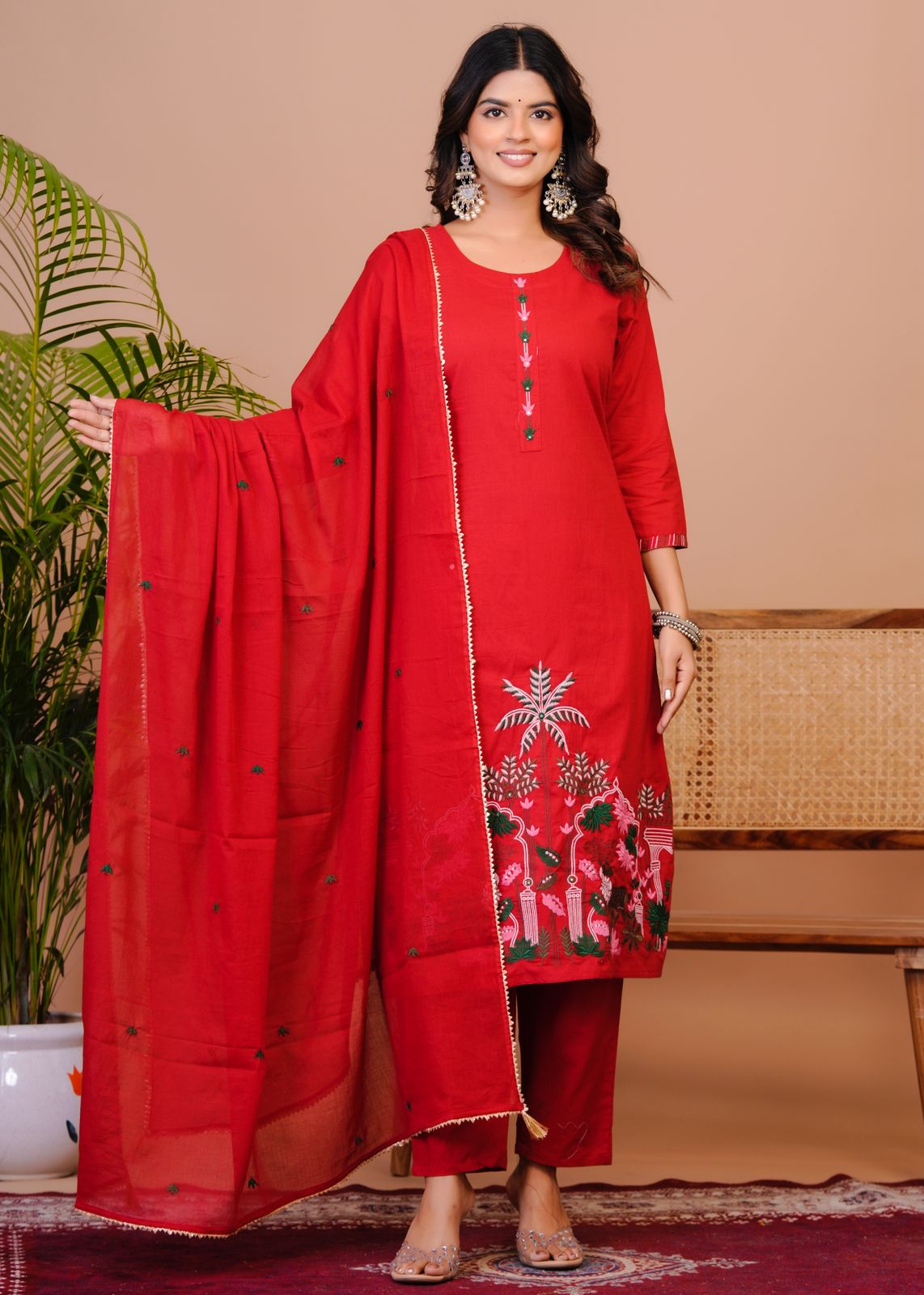 Red Nature Embroidery Kota Dupatta Suit