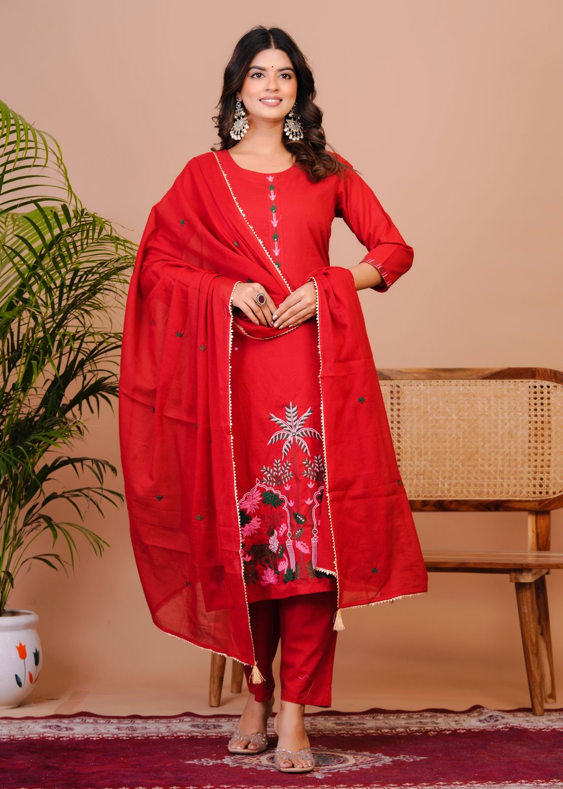 Red Nature Embroidery Kota Dupatta Suit