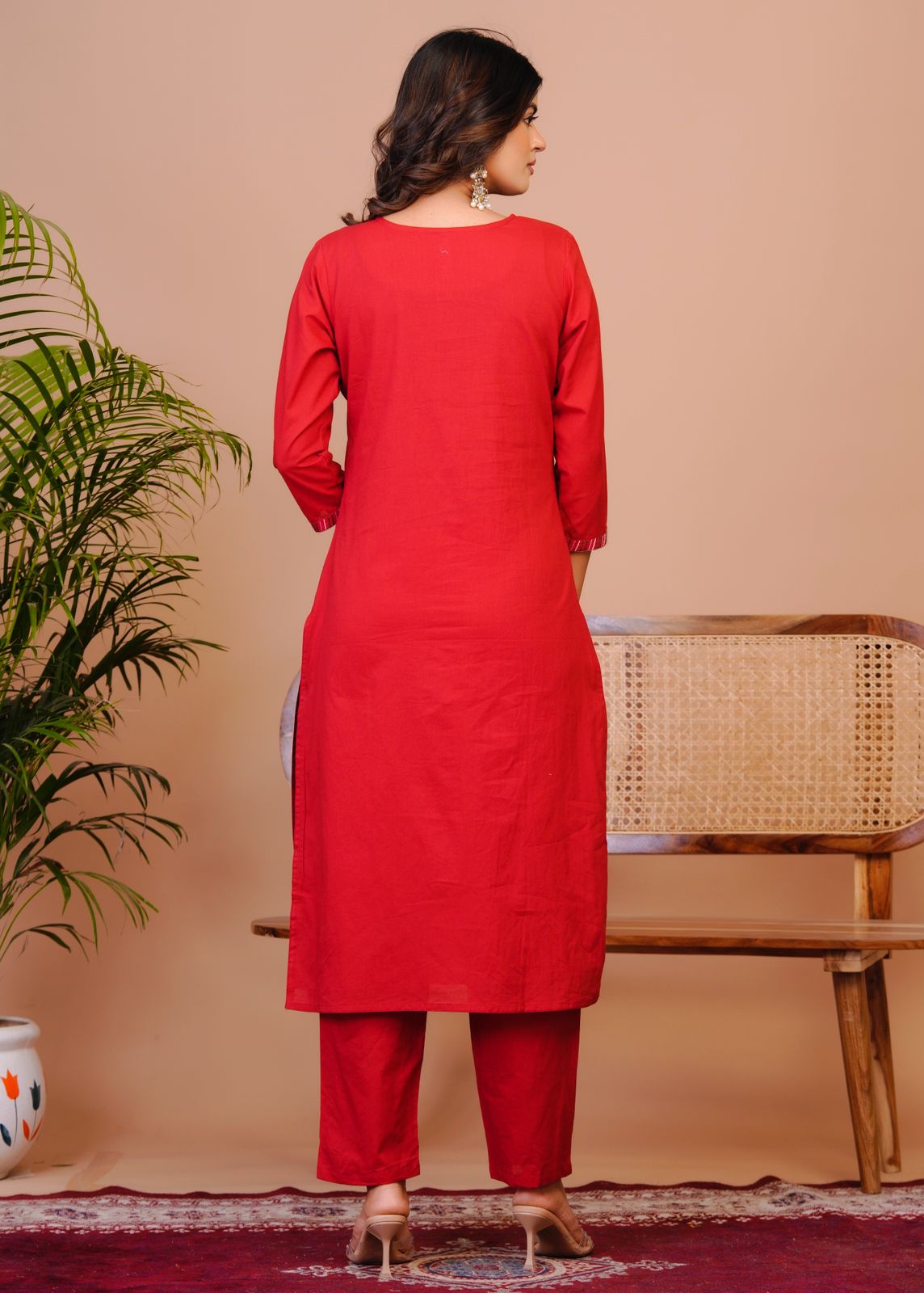 Red Nature Embroidery Kota Dupatta Suit