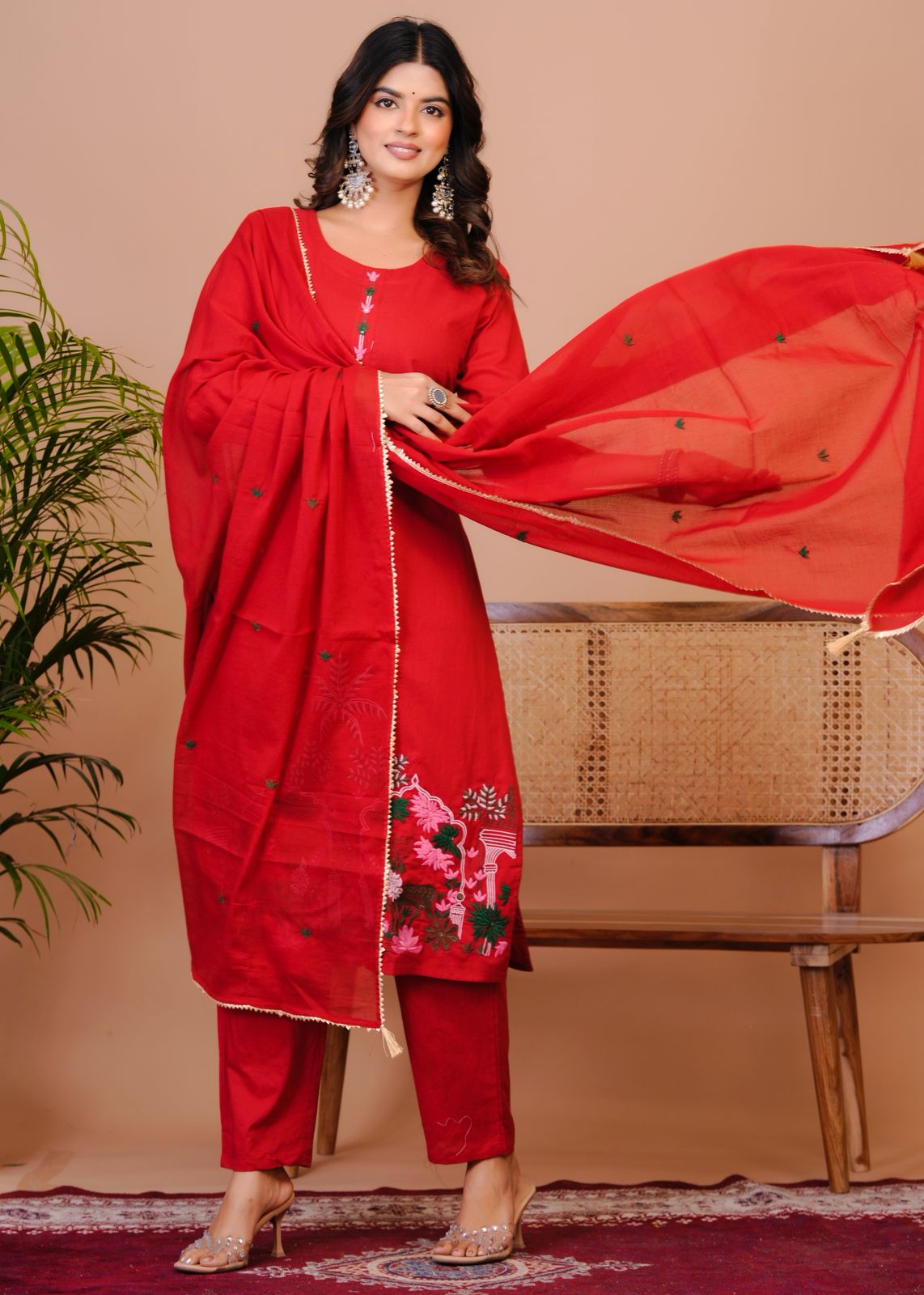Red Nature Embroidery Kota Dupatta Suit