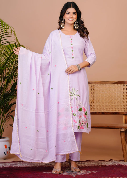 Lavender Nature Embroidery Kota Dupatta Suit