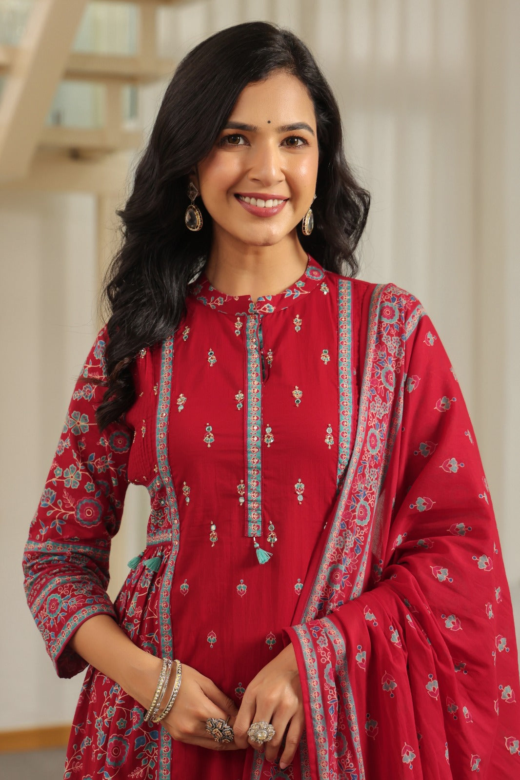 Red Motifs Panel Cotton Dupatta Suit