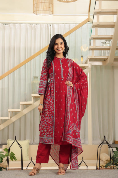Red Motifs Panel Cotton Dupatta Suit