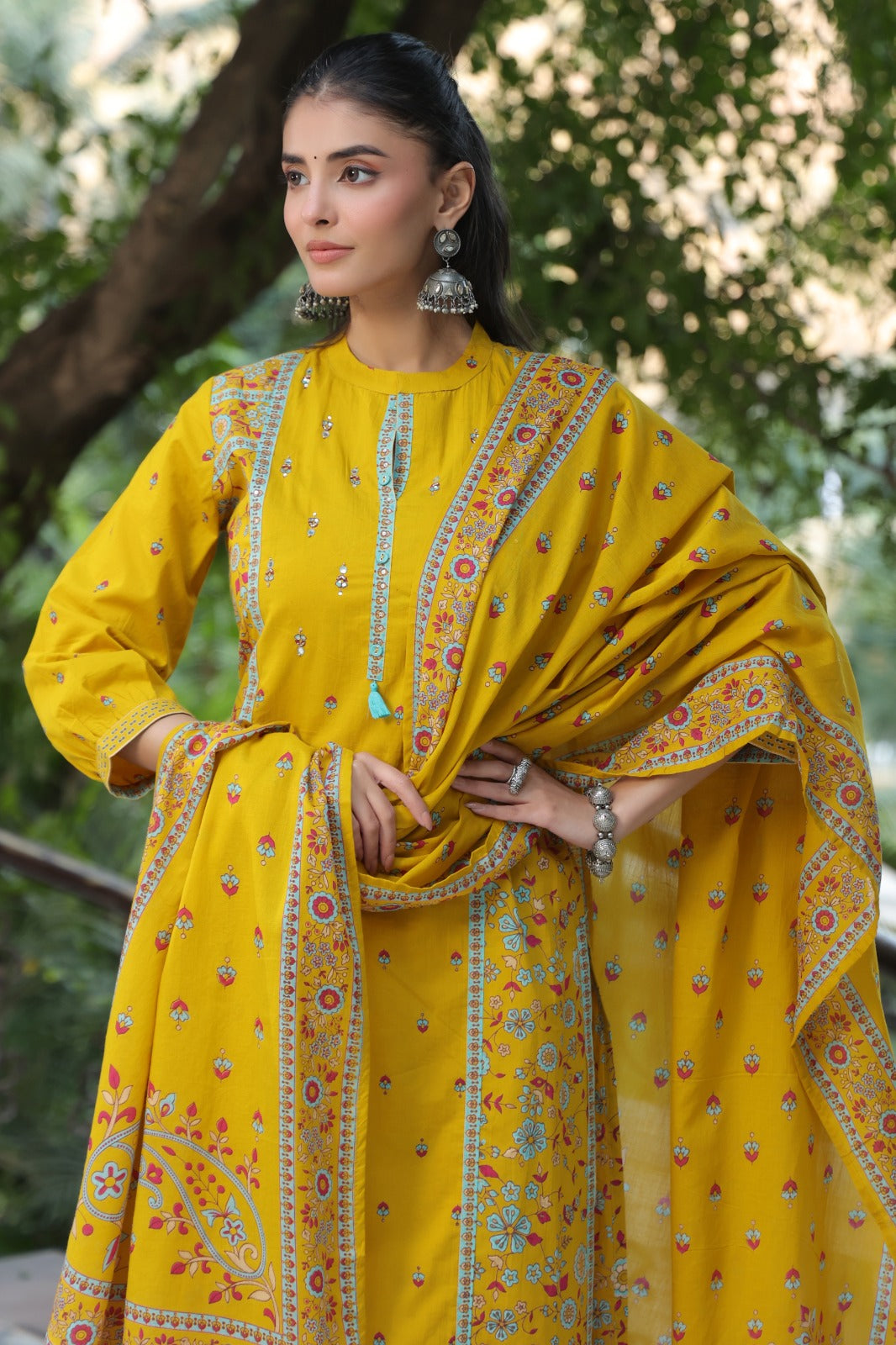 Yellow Motifs Panel Cotton Dupatta Suit