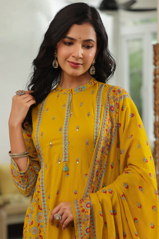 Yellow Motifs Panel Cotton Dupatta Suit