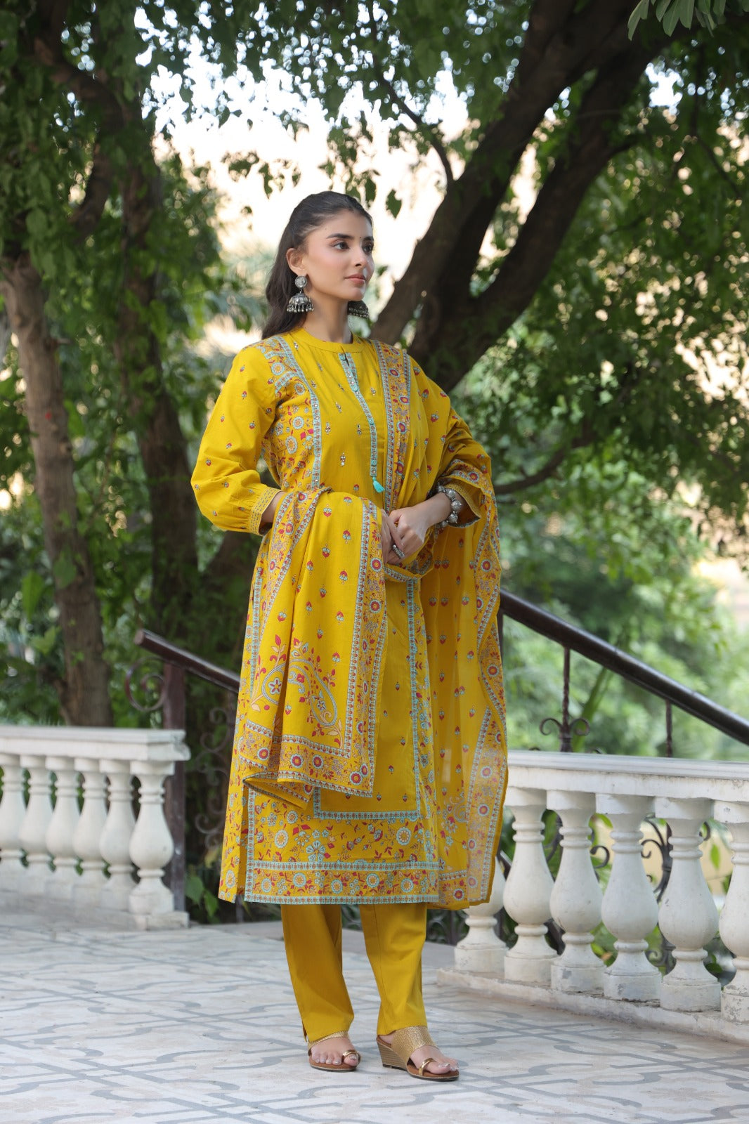 Yellow Motifs Panel Cotton Dupatta Suit