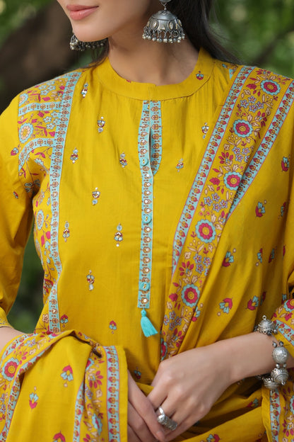 Yellow Motifs Panel Cotton Dupatta Suit