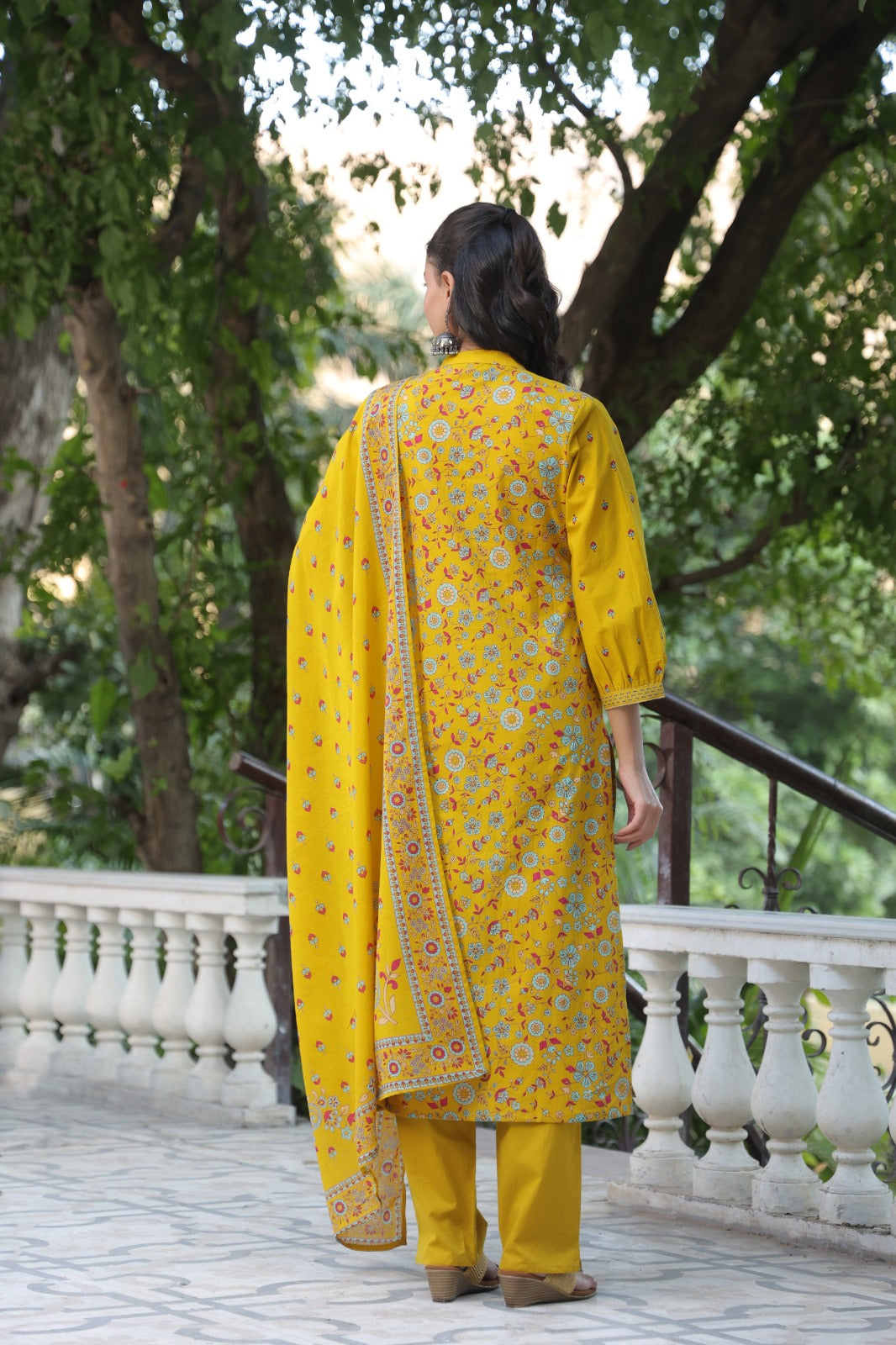 Yellow Motifs Panel Cotton Dupatta Suit