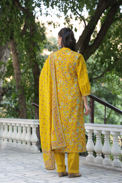 Yellow Motifs Panel Cotton Dupatta Suit