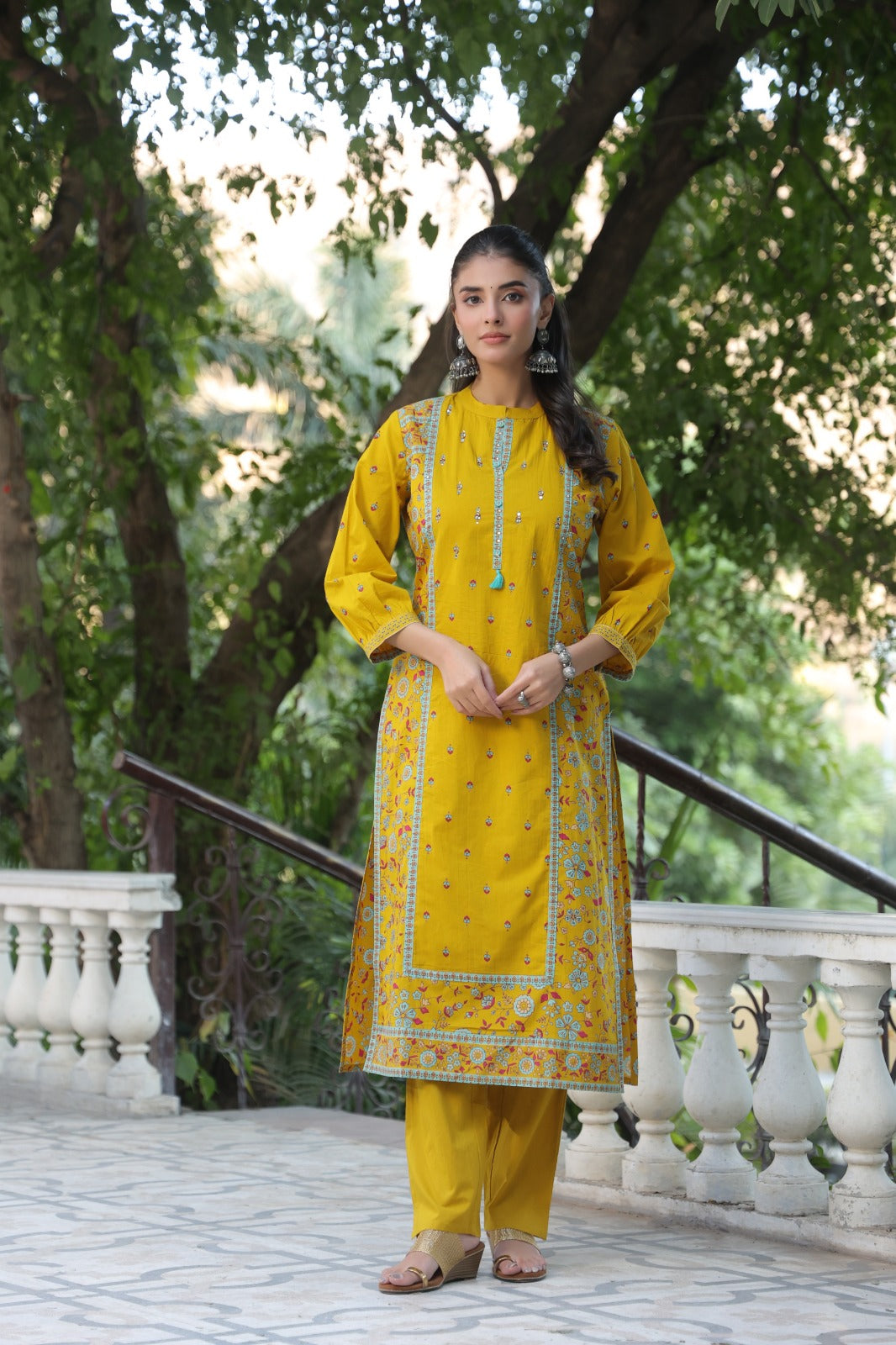 Yellow Motifs Panel Cotton Dupatta Suit