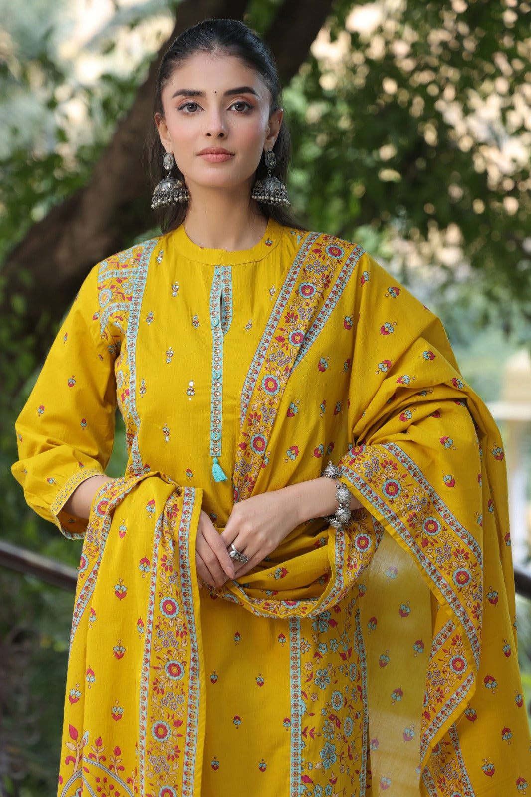 Yellow Motifs Panel Cotton Dupatta Suit