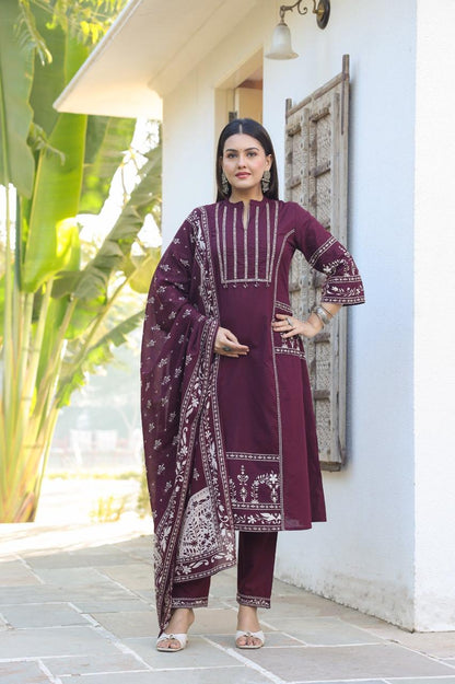 Maroon Burgundy A-line Fusion Cotton Suit