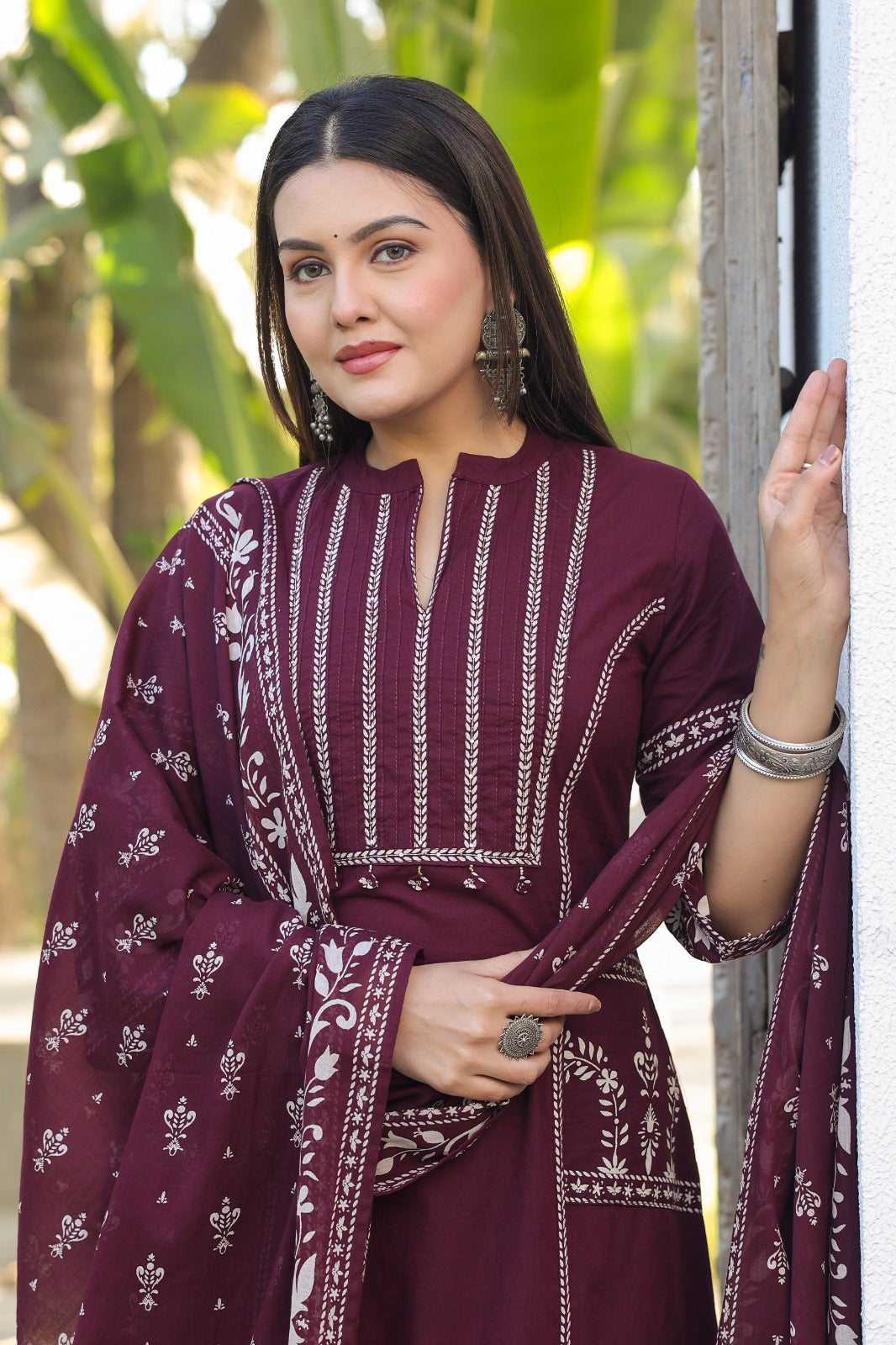 Maroon Burgundy A-line Fusion Cotton Suit