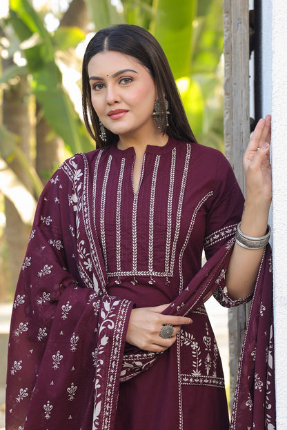 Maroon Burgundy A-line Fusion Cotton Suit