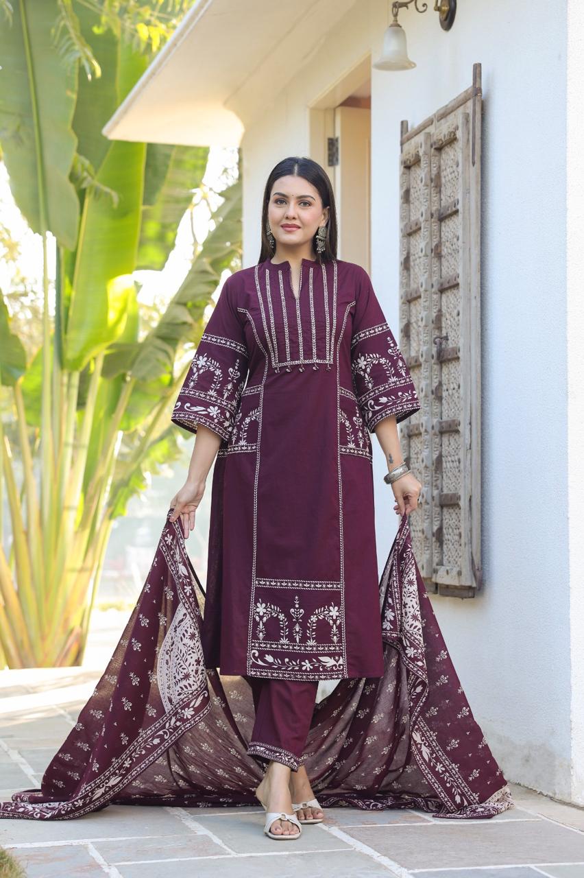 Maroon Burgundy A-line Fusion Cotton Suit