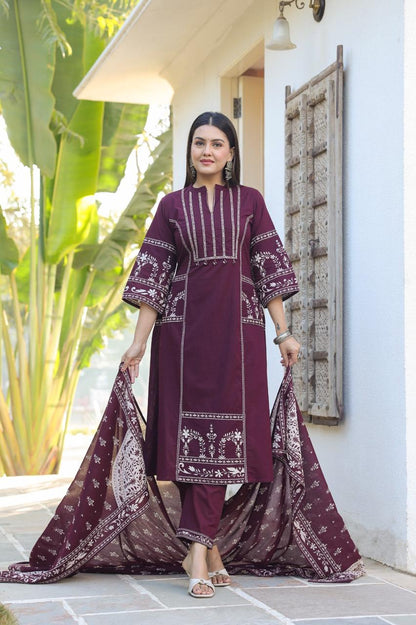 Maroon Burgundy A-line Fusion Cotton Suit
