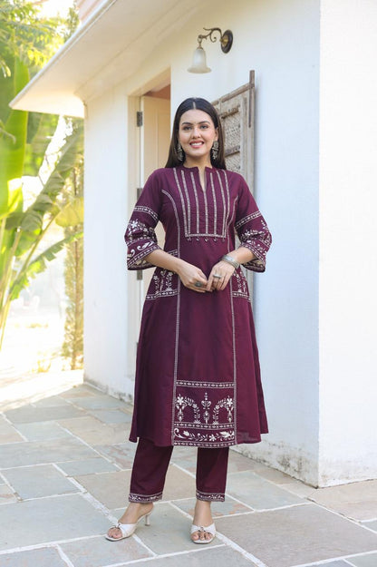 Maroon Burgundy A-line Fusion Cotton Suit