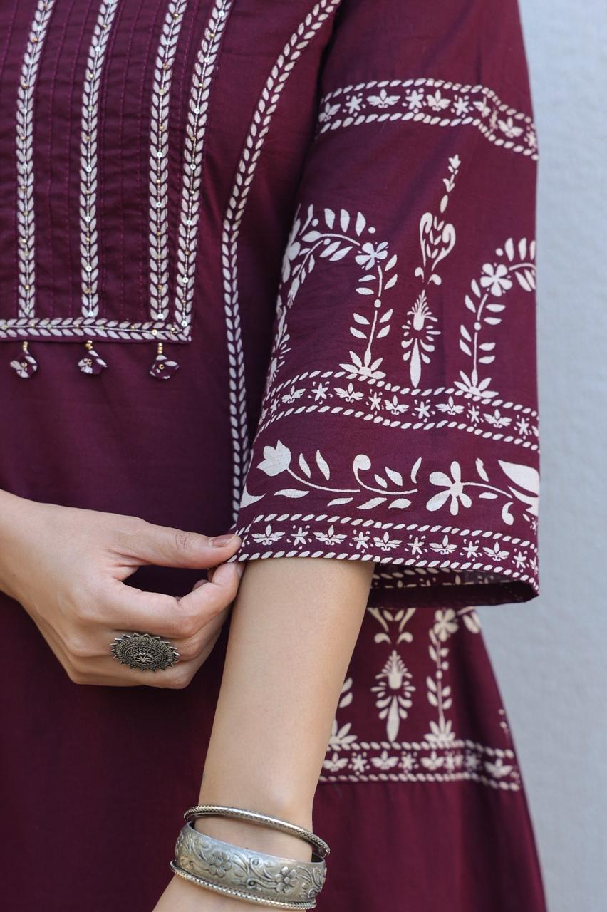 Maroon Burgundy A-line Fusion Cotton Suit