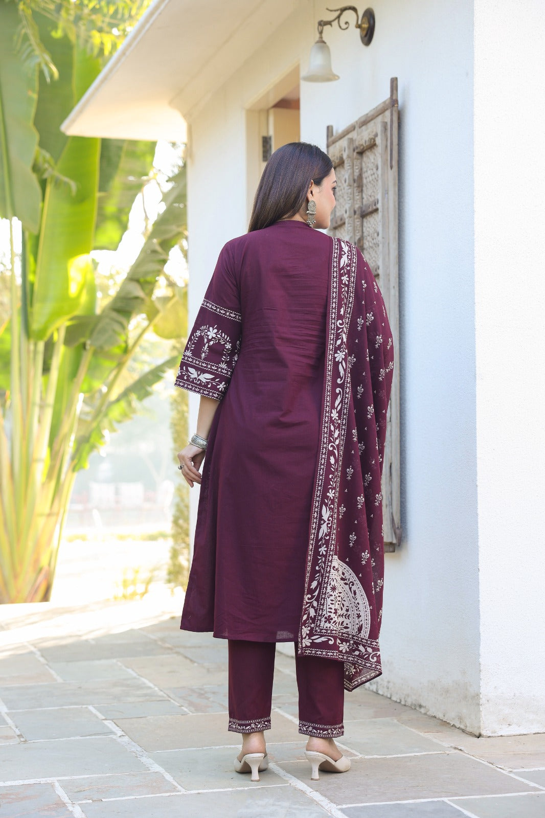 Maroon Burgundy A-line Fusion Cotton Suit