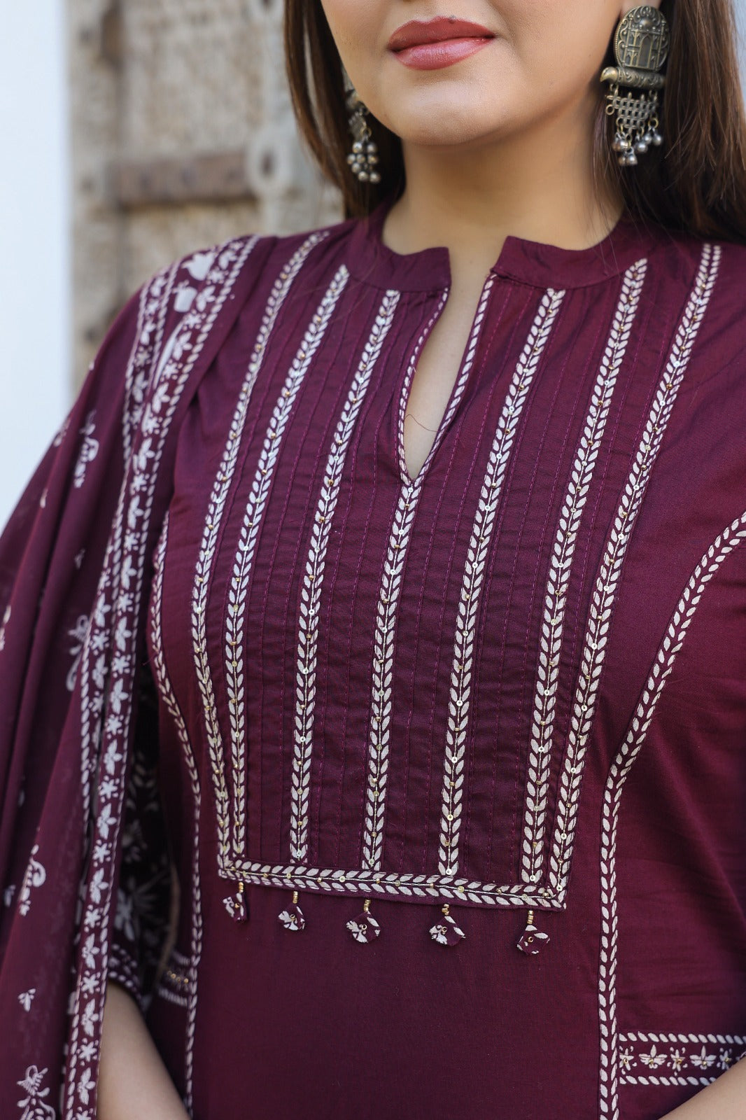 Maroon Burgundy A-line Fusion Cotton Suit