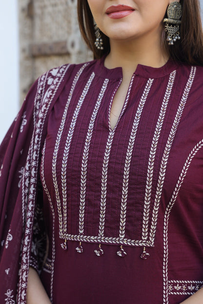 Maroon Burgundy A-line Fusion Cotton Suit