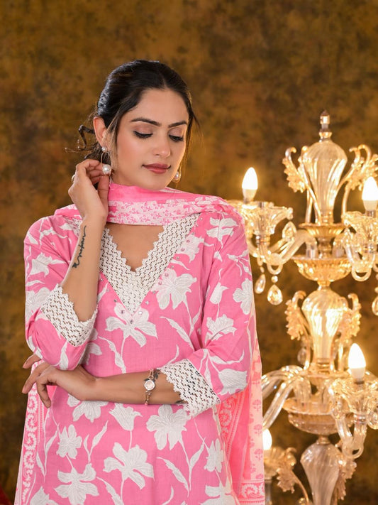 Pink Fantasy V-neck Cotton Dupatta Suit