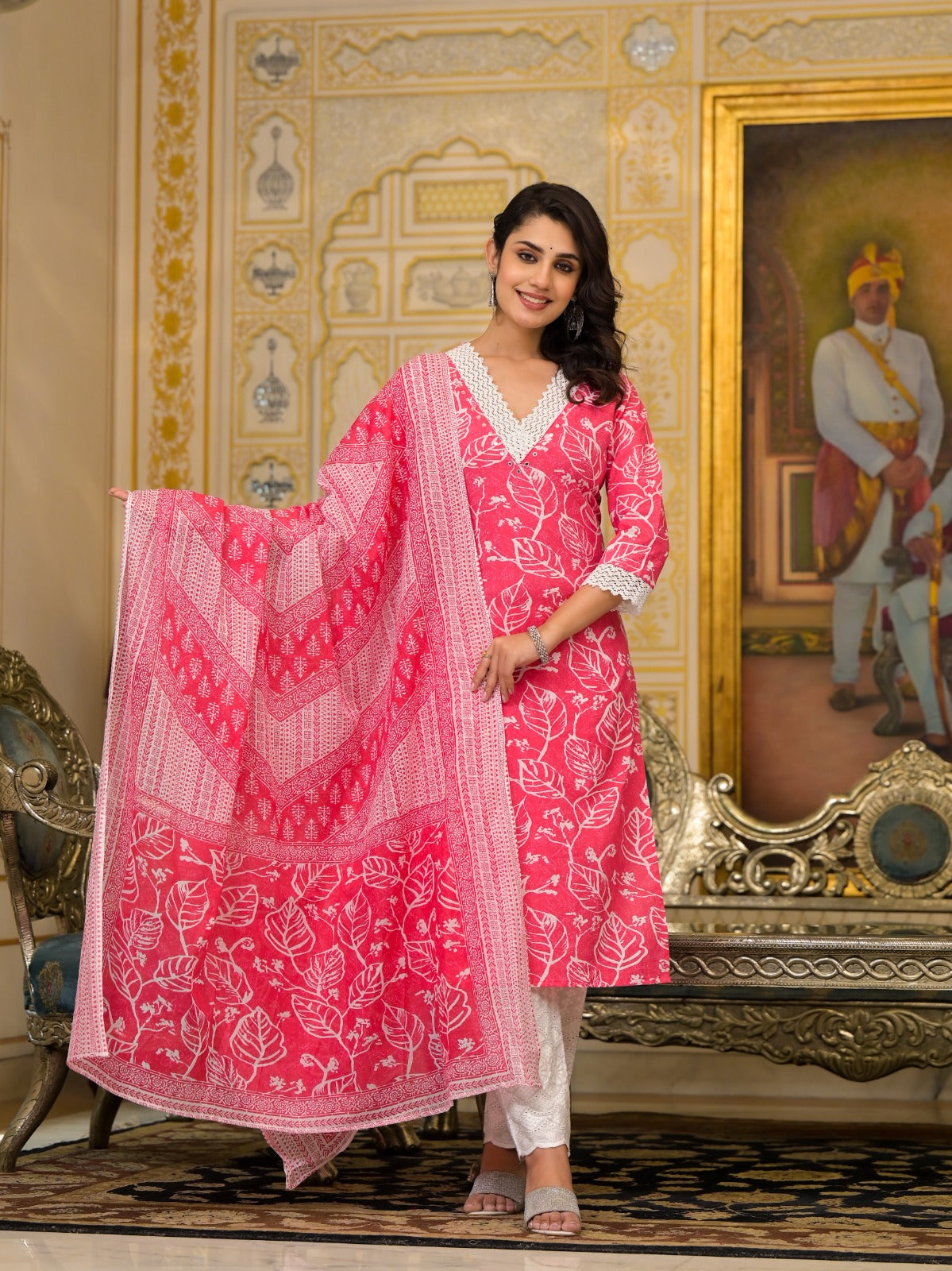 Pink Leaf Delight Cotton Dupatta Suit