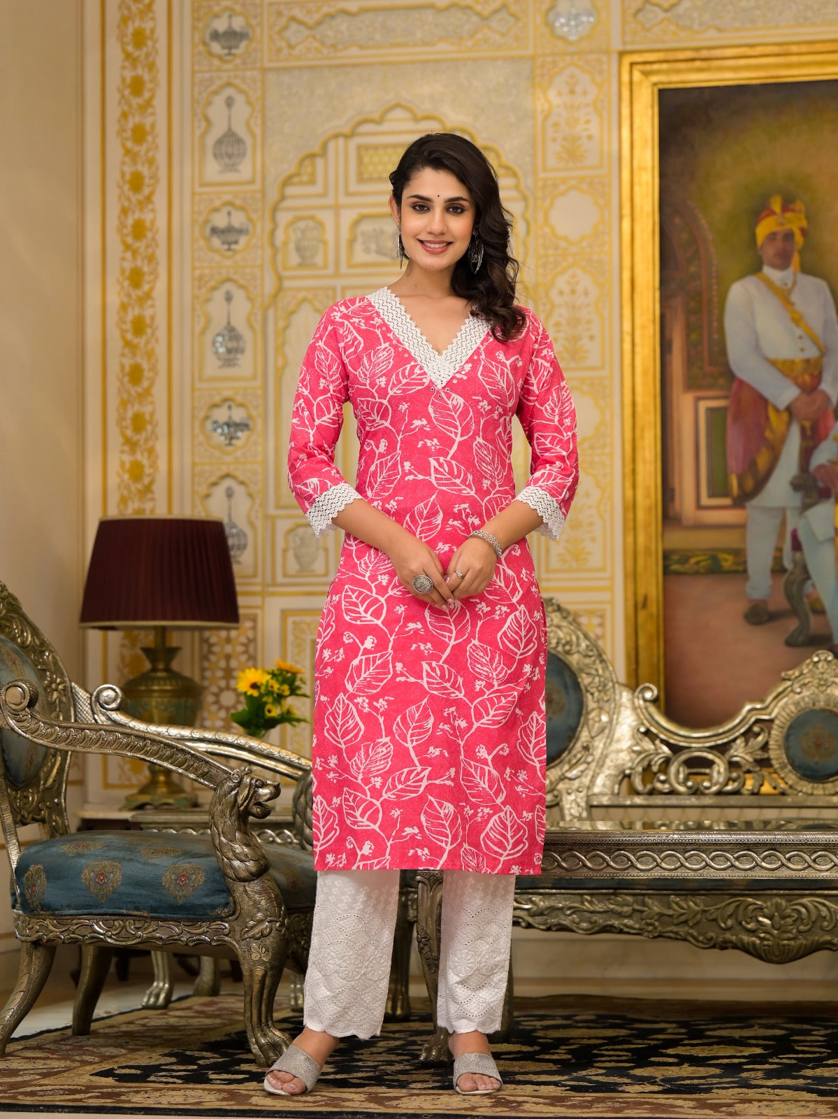 Pink Leaf Delight Cotton Dupatta Suit