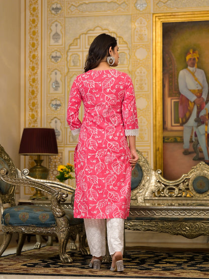 Pink Leaf Delight Cotton Dupatta Suit