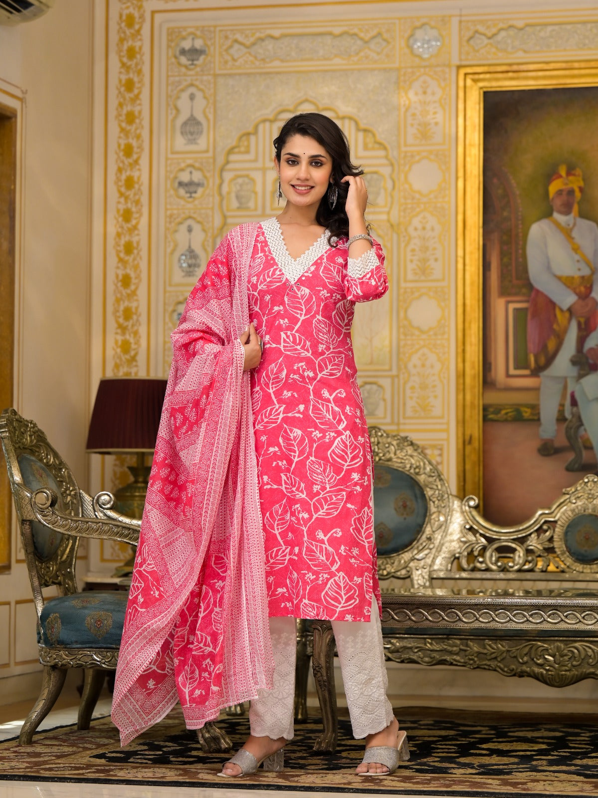 Pink Leaf Delight Cotton Dupatta Suit