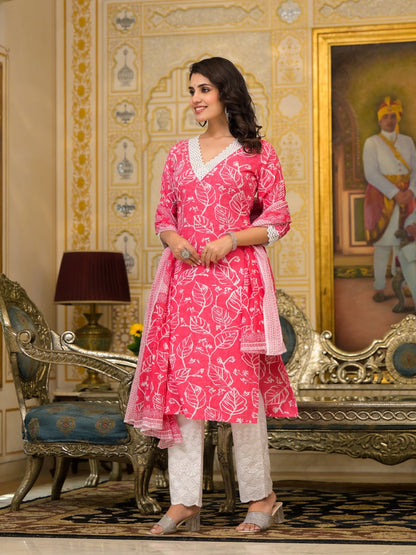 Pink Leaf Delight Cotton Dupatta Suit