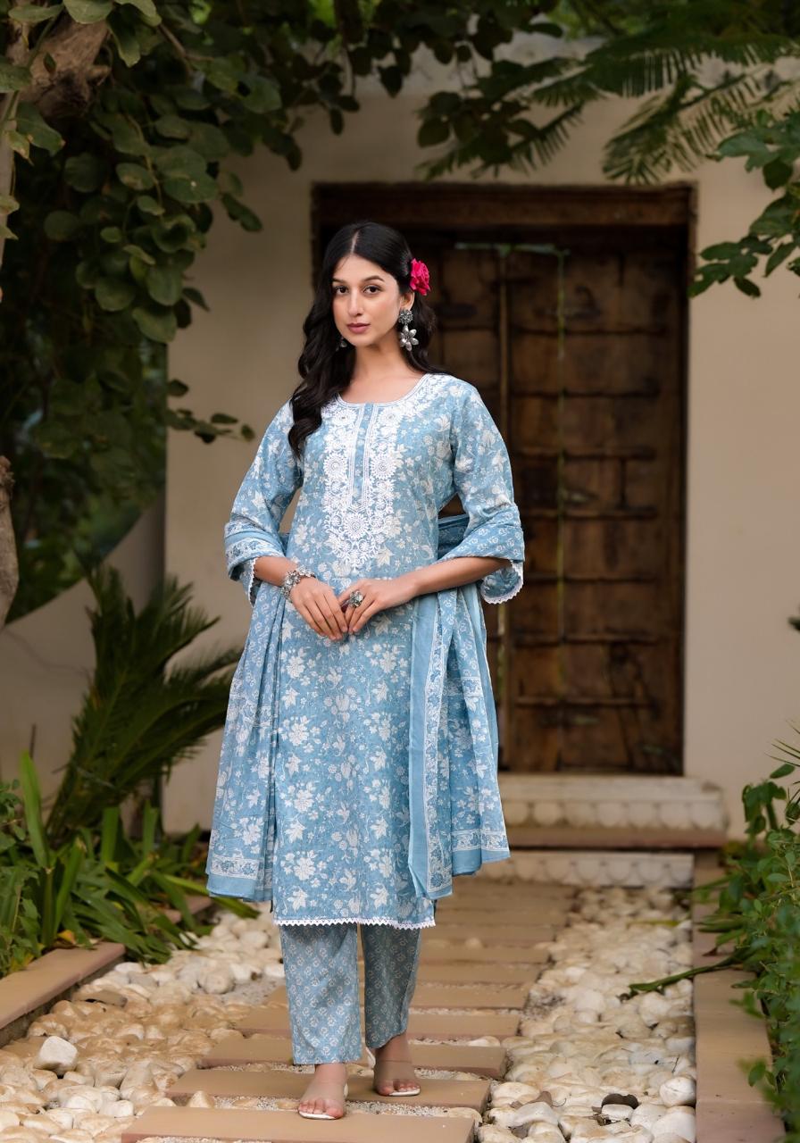 Blue Whisper Embroidery Cotton Dupatta Suit