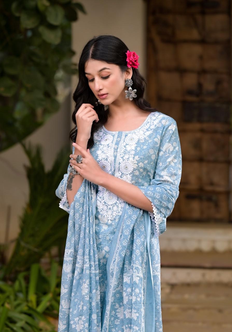 Blue Whisper Embroidery Cotton Dupatta Suit