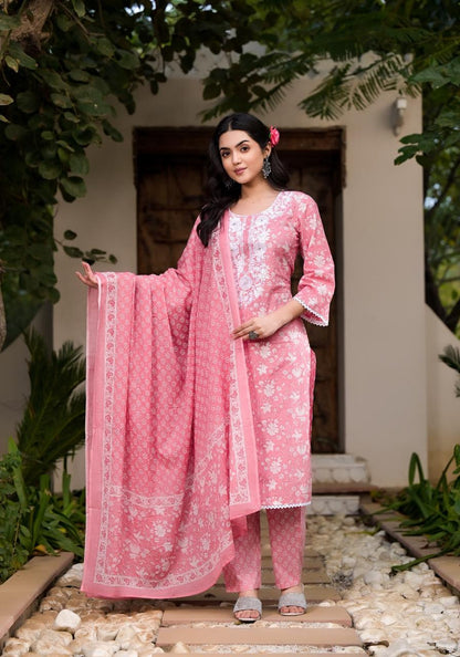 Pink Whisper Embroidery Cotton Dupatta Suit